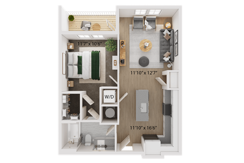 A 117x106 floor plan of a house with a living room, kitchen, and bathroom.